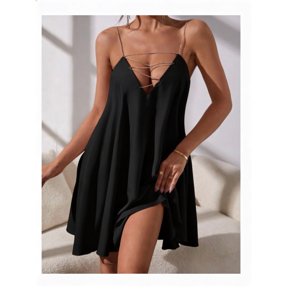 New! Black satin cami dress with rhinestone strap detail